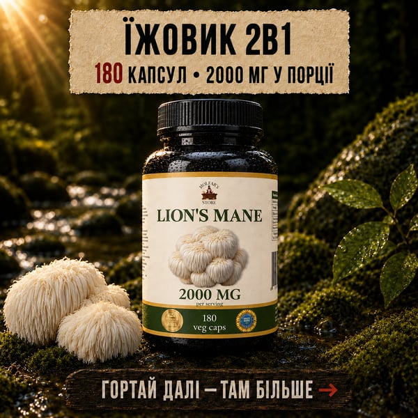Їжовик Гребінчастий у капсулах - 180 капсул по 500мг: 2 в 1